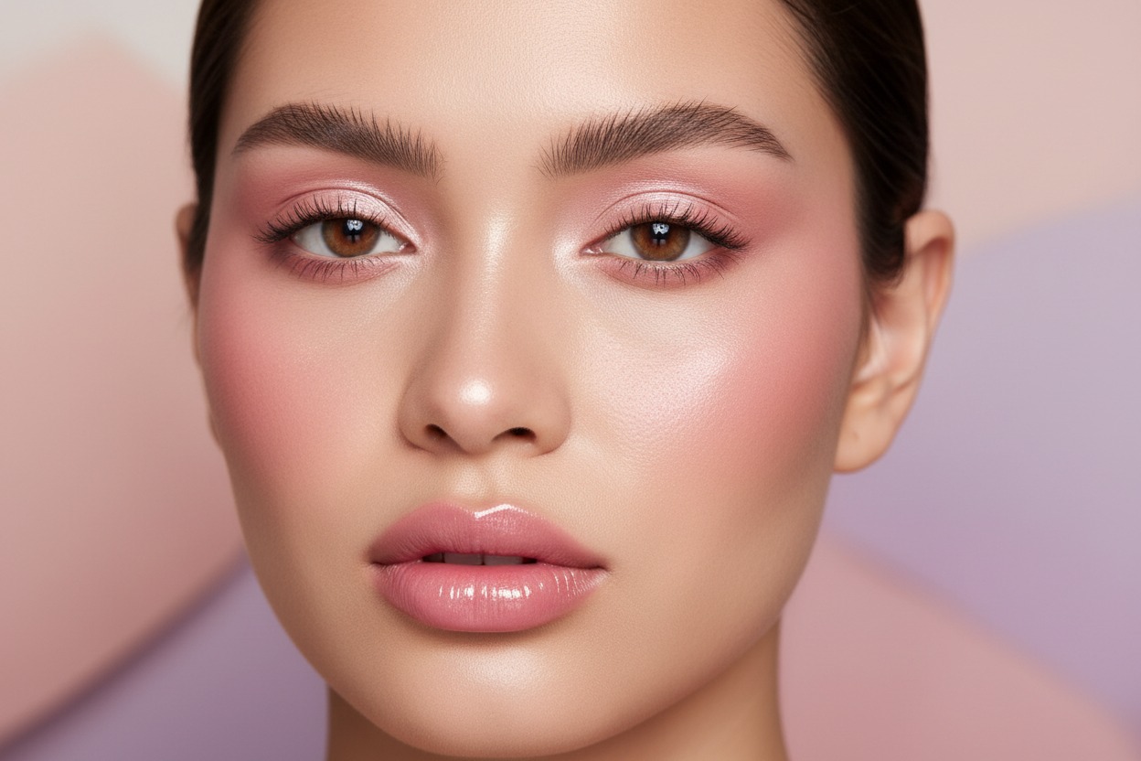 Close-up portrait of a woman with glowing skin, wearing pink eyeshadow, blush, and glossy pink lipstick.