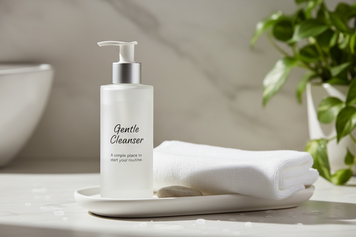 A frosted glass pump bottle of Gentle Cleanser sits on a white tray next to a folded white towel and a smooth stone.