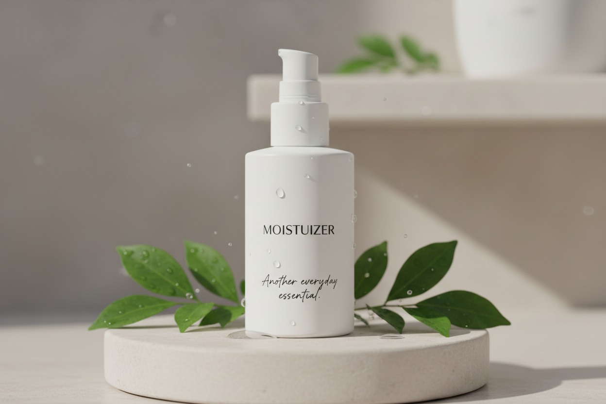 A white pump bottle labeled moisturizer sits on a round stone pedestal surrounded by green leaves and floating water droplets.
