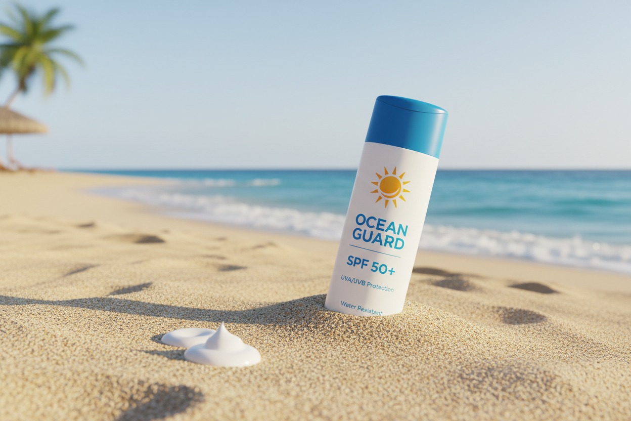 A bottle of Ocean Guard SPF 50+ sunscreen stands upright in the sand on a sunny beach, with a small dollop of white cream nearby.
