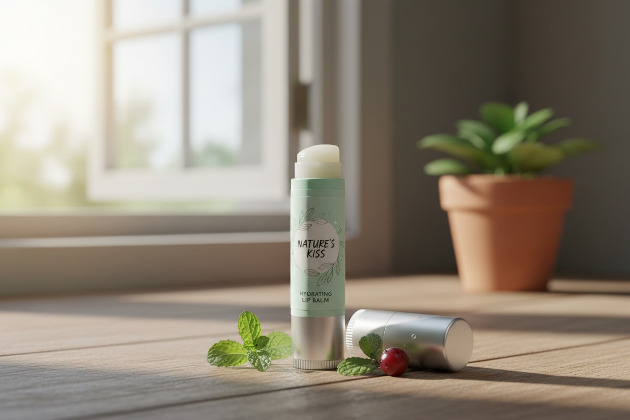 A tube of Nature's Kiss hydrating lip balm stands upright on a wooden windowsill beside its silver cap, fresh mint leaves, and a single berry.