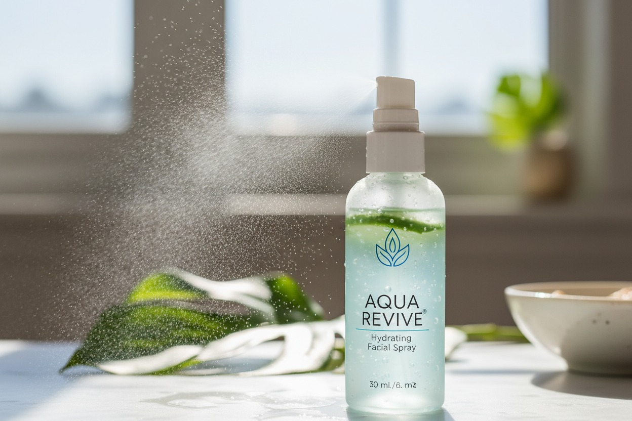 A clear spray bottle of Aqua Revive hydrating facial spray sits on a white surface, with a fine mist spraying from the pump against a softly blurred background.