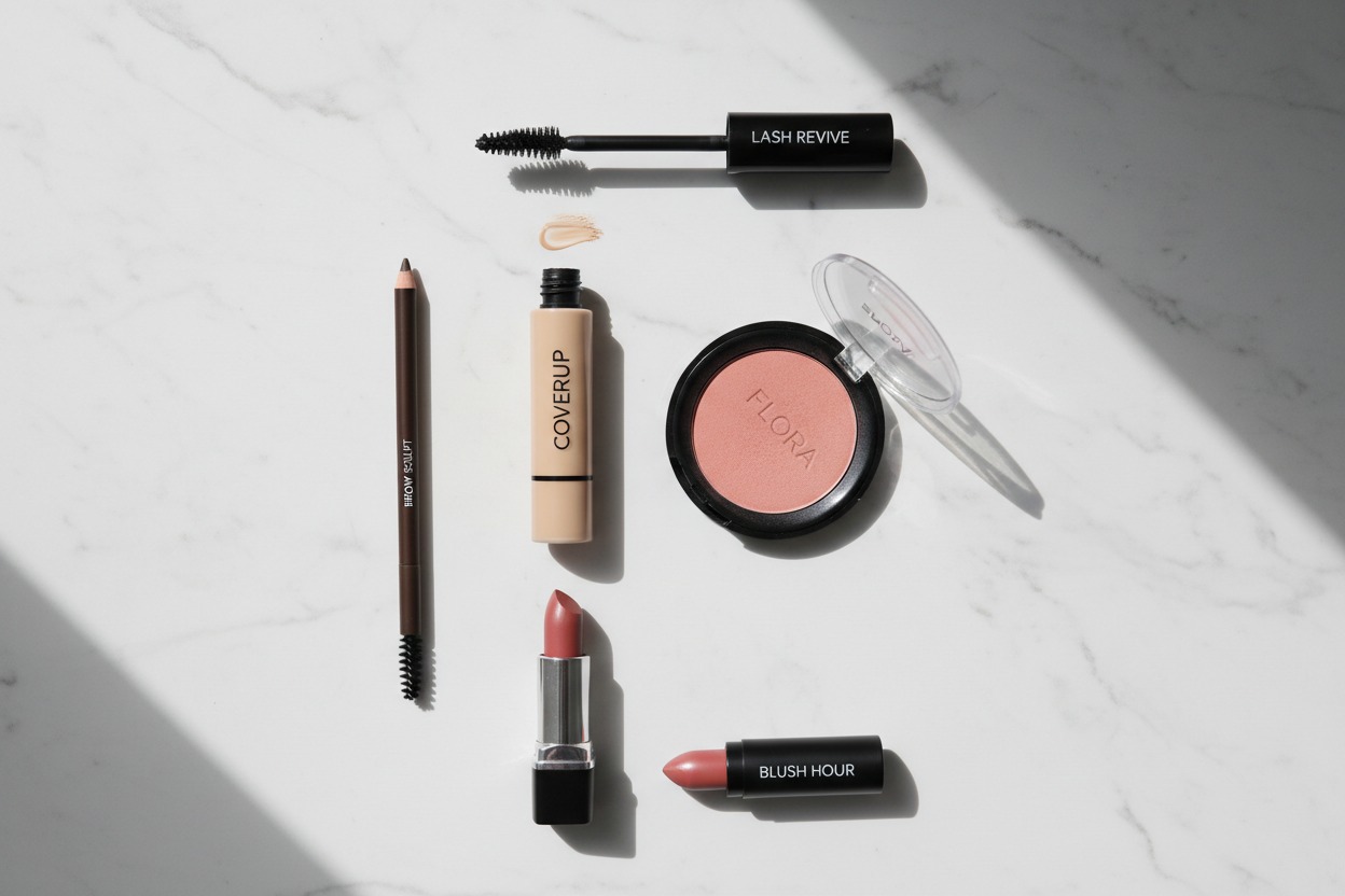 Several makeup products, including mascara, concealer, blush, and lipstick, are arranged on a white marble surface.