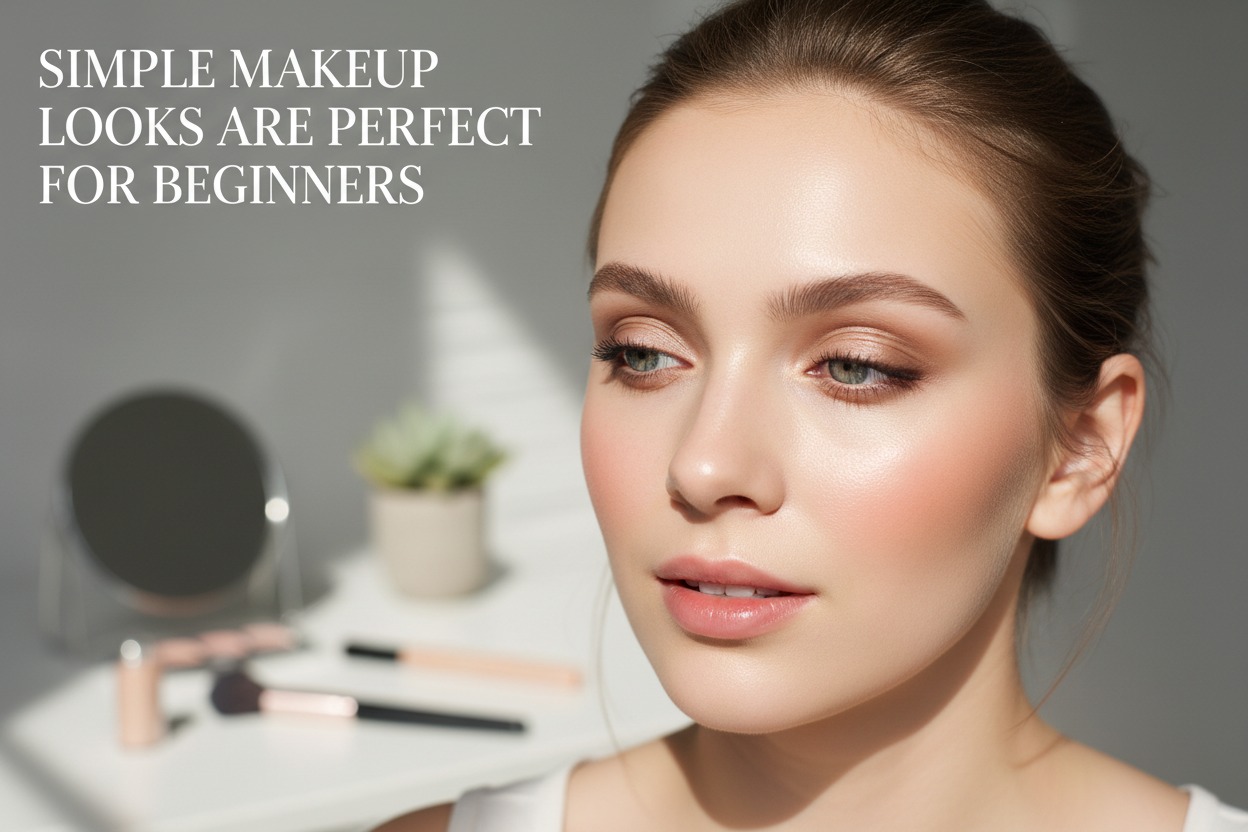 Close-up of a woman with natural makeup and the text Simple makeup looks are perfect for beginners.